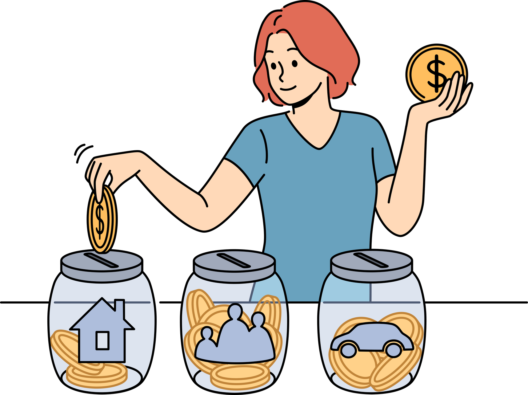 Woman is engaged in financial planning, putting earned money into different glass jars with picture of car and house or . Girl invests in own future thanks to financial literacy
